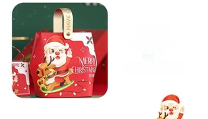 Close-up of red Christmas gift bag with Santa illustration and leather handles