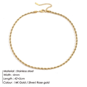 4mm gold layered twist rope chain necklace in stainless steel with extension chain