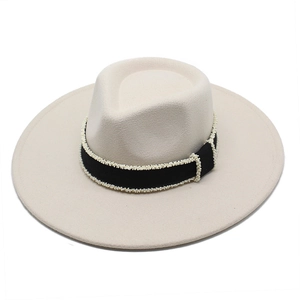 Wide Brim Fedora Hat Women Elegant Artificial Pearl Ribbon Band Felt Jazz Cap Retro French Style Autumn Winter Accessory