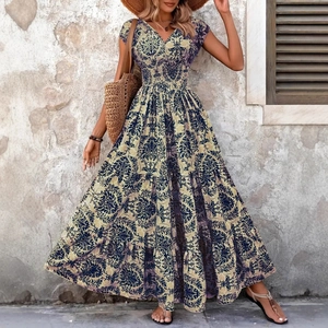 Bohemian V-neck maxi dress with yellow floral print and elastic waist for women