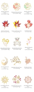 Detailed catalog of mixed brooches featuring pearls, crystals, and enamel floral designs