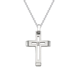 Silver titanium steel cross pendant necklace with centered diamond on a thin chain