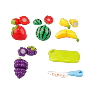 Set cucina giocattolo educativo con frutta in plastica da tagliare, tagliere e coltello