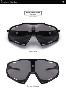 Front and top view of black cycling sunglasses with wide protective grey lenses