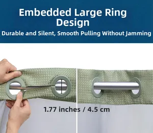 Detail of 1.77 inch diameter light green shower curtain built-in rings on a metal rod