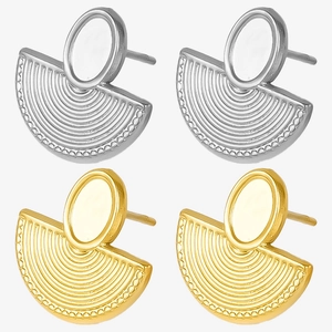 Vintage 304 stainless steel fan-shaped earrings with oval studs in gold and silver finish