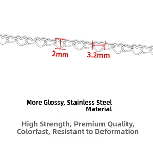 Detail of 2mm by 3.2mm stainless steel heart-shaped chain links for DIY jewelry making