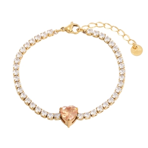 Detailed close-up of a gold stainless steel bracelet featuring an orange heart zircon and crystals