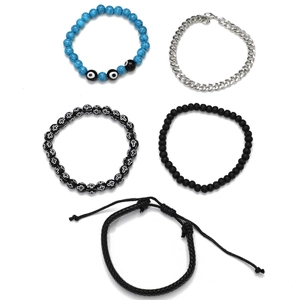 5-piece men's hip hop bracelet set with evil eye beads, cuban link and braided leather