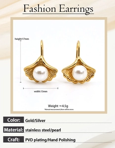 Detail showing gold ginkgo leaf earring with white pearl, dimensions 17mm by 13mm