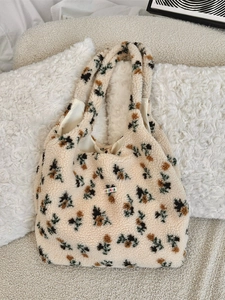 Floral Print Plush Tote Bag Sherpa Fleece Shoulder Bag Large Capacity Retro Casual Autumn Winter Handbag For Women