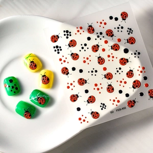 5D embossed ladybug nail art stickers with 3D relief texture and black polka dot patterns