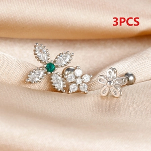 3PCS silver stainless steel stud earrings set with green zircon flower and star charms