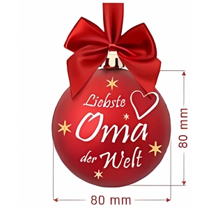 Detail of red Christmas ball with 80mm diameter and Liebste Oma der Welt white lettering