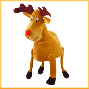 Golden reindeer plush Christmas hat with brown antlers and red nose on white background