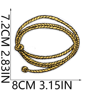 Detailed view of gold rope embroidery patch with size markers 8cm width and 7.2cm height