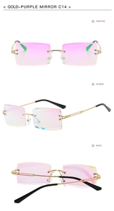 Three-view detail of frameless rectangular sunglasses with gold-purple mirror lenses