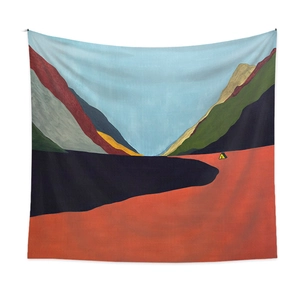 Bohemian tapestry featuring abstract nature landscape with yellow tent on white wall
