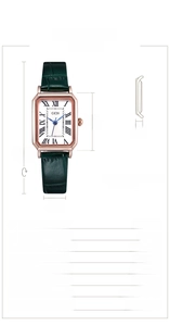 Detailed size parameters for square leather quartz watch including diameter and thickness