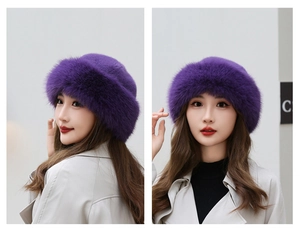 Detail view of plush thick dark purple faux fur beret for winter warmth and fashion