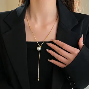 Elegant Y-Shaped Lariat Necklace Copper With Imitation Artificial Pearl Adjustable Snake Bone Chain Simple Jewelry Gift For Women