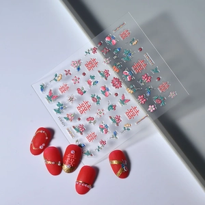 Traditional Chinese wedding nail stickers with red Xi characters and floral patterns