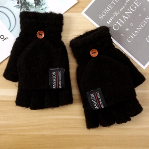 Men's winter thick knit convertible fingerless gloves in black with wooden button detail