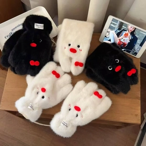 Plush Penguin Scarf Gloves Winter Warm Thick Faux Fur Cartoon Cold Weather Outdoor Neck Warmer Hand Wear