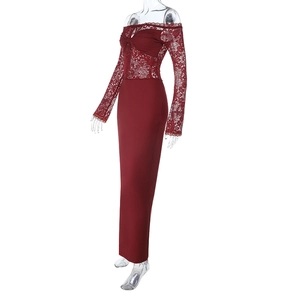 Close-up of wine red lace stitching on off-shoulder long sleeve bodycon maxi dress