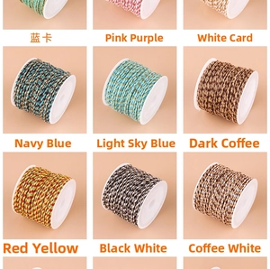 Detail view of multicolored braided cotton cords with metallic thread for jewelry DIY