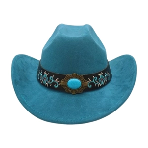 Detail of turquoise jazz fedora with floral embroidery and large turquoise stone accent