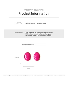Detailed view of pink oval earrings with gold trim, silver needles, and measurements