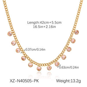 Detail view of gold tassel necklace with pink zircons showing dimensions and size specifications
