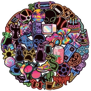 Vibrant neon-style graffiti stickers featuring diverse shapes and colorful themes