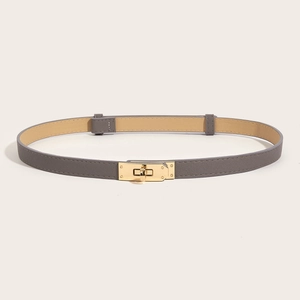 Macro shot of grey leather waist belt with gold Kelly buckle and cross-grain texture