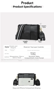 Macro detail of black leather woven bag showing its structure and iPhone size comparison