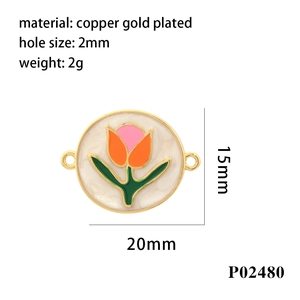 Macro detail of 15mm tulip charm in gold plating with dimensions and weight data