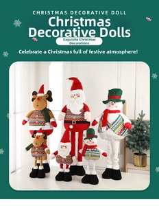 Detail of Christmas plush figurines including Santa, reindeer and snowman with knit patterns
