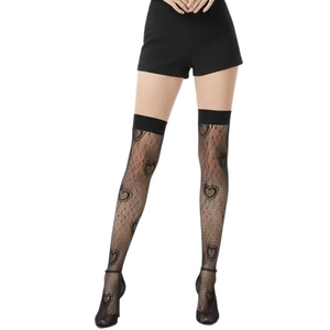 Sexy black thigh-high fishnet stockings with heart pattern and wide elastic bands