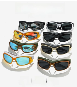 Detail view of colorful polarized cycling sunglasses with streamlined aerodynamic frames