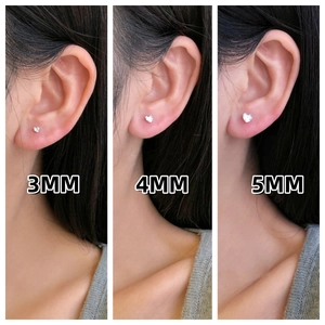Comparison of 3mm, 4mm, and 5mm S925 sterling silver heart studs with cubic zirconia