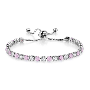 Detail of adjustable tennis bracelet with pink and white cubic zirconia stones