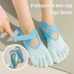 Tie-dye five-toe yoga socks with anti-slip silicone dots and elastic cross-strap design