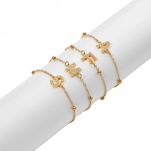 Initial Letter Charm Bracelet Zircon Rhinestone Stainless Steel Alloy Gold Plated Bead Chain Adjustable Jewelry For Women