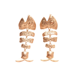 Exaggerated rose gold metal fishbone earrings with jointed segments and floral print texture