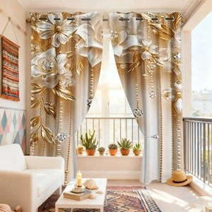 Detailed luxury curtains with 3D gold floral design, pearl pendants and blackout fabric