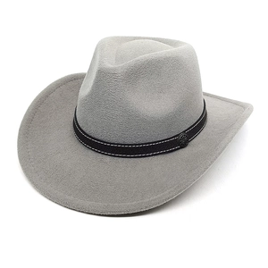Detail of grey felt cowboy hat featuring black leather band with vintage metal buckle