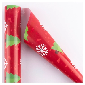 Christmas gift wrapping paper with red background white snowflakes and green trees