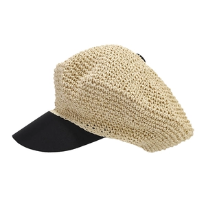 Beige woven newsboy cap with black brim for women, French retro straw summer travel style