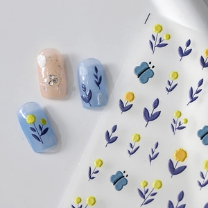 3D embossed blue butterfly and matte yellow flower nail art stickers with relief texture